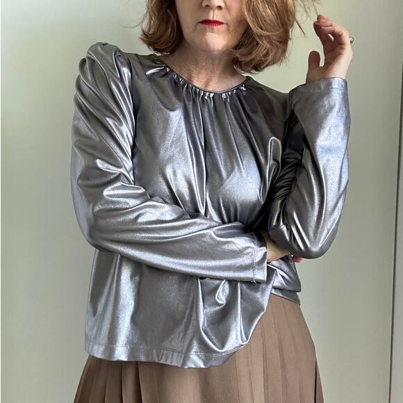 DEREK LAM 10 CROSBY Kary Metallic Crepe Blouse In Silver Size 48/Large Glam Punk - Picture 9 of 9